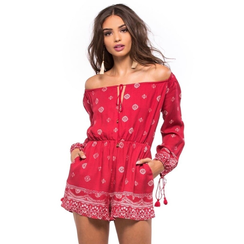 NWT The Jetset Diaries Revolve Fuego Romper Red Off Shoulder Tassels - S - Picture 4 of 5